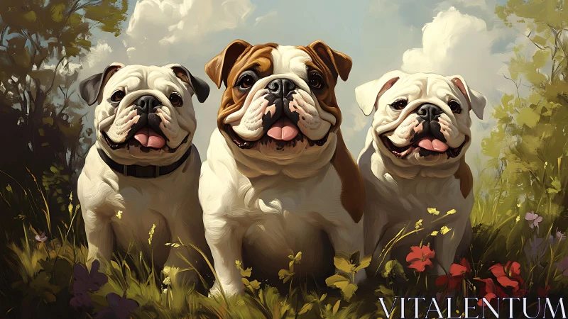 Triad of joyful bulldogs in painterly meadow sunlight.