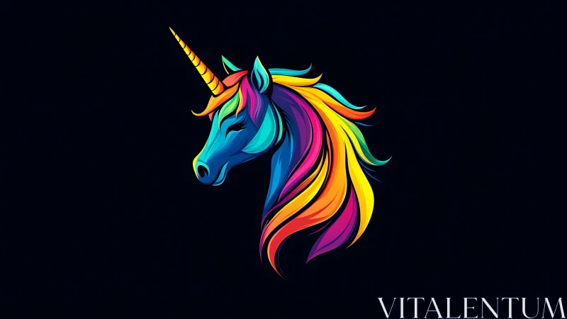Neon gradient unicorn head glows over deep black background