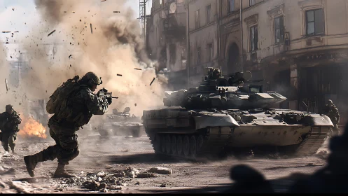 Urban combat tank advance under high-intensity small-arms fire