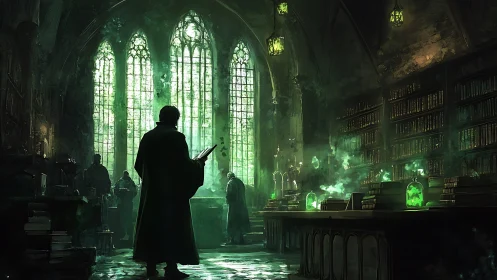 Sorcerer studies forbidden tome inside gothic arcane library