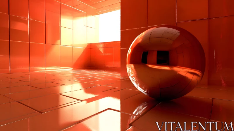 Reflective red sphere sits in glossy tiled corridor
