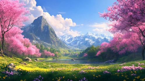 Spring valley unfolds beneath towering snowcapped peaks