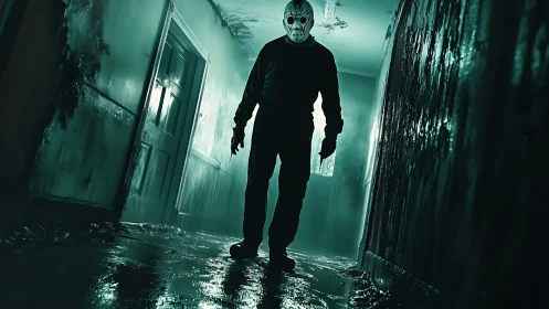 Low-angle masked figure in toxic-lit flooded corridor horror.