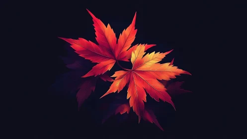 Vibrant maple leaves glow against deep black background