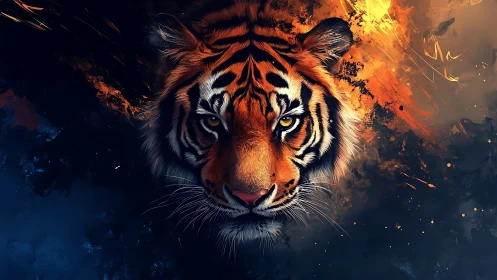 Molten twilight crowns the tiger’s steady, ember-bright gaze