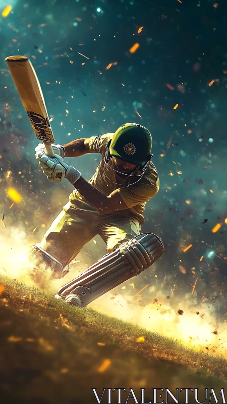 Cricket batsman drives forward in a storm of glowing sparks