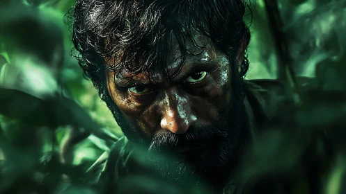 Hunter eyes burn through dense emerald jungle shadows.