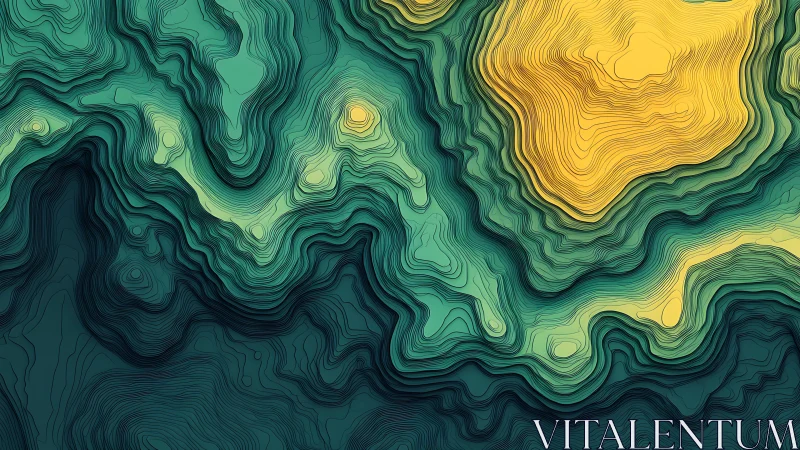 Layered topographic contour map in teal and yellow tones.