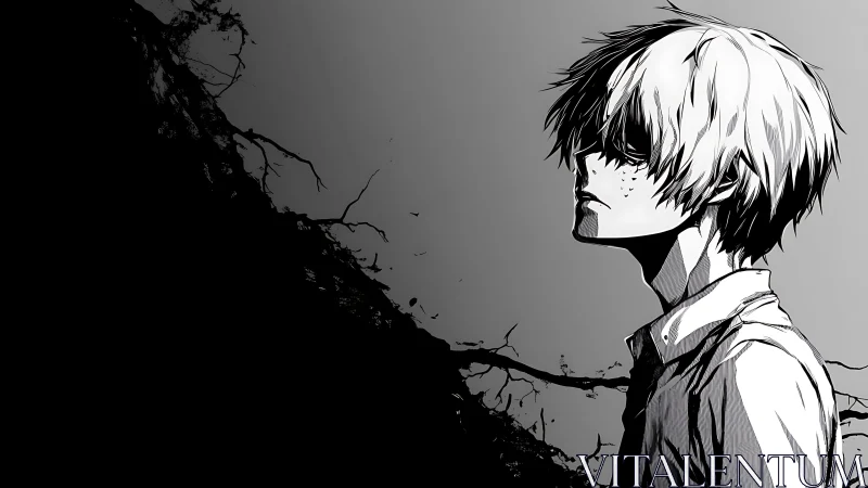 Brooding monochrome boy beneath a creeping ink horizon.