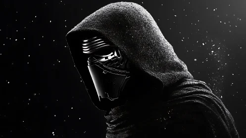 Hooded chrome mask portrait with cinematic rim lighting