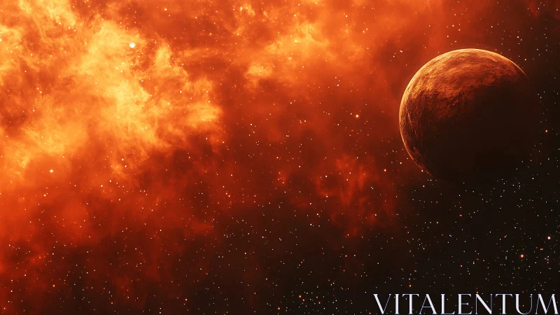 Burnished ember planet drifts beside a roaring orange nebula