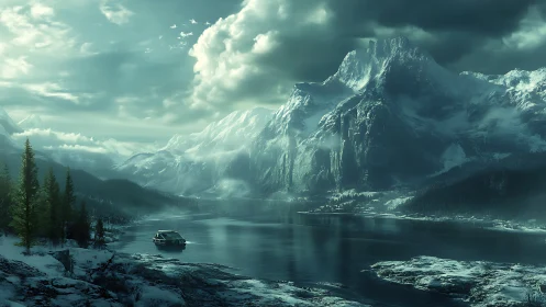 Futuristic rover under storm-lit glacial mountain range.