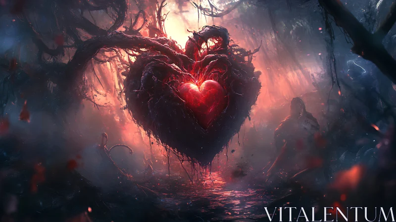Glowing heart core suspended in dark mystical landscape