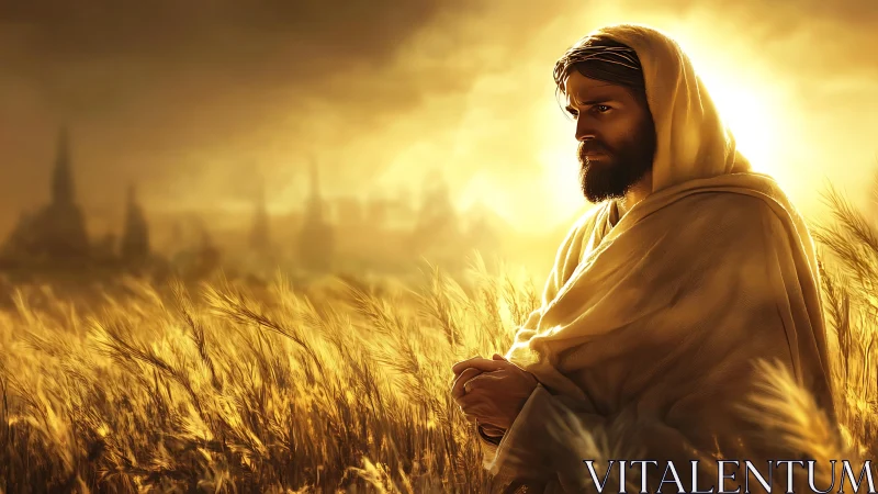 Hooded robed figure standing in a sunlit wheat field at dusk.