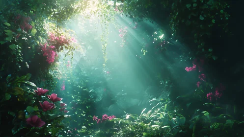 Volumetric sunbeams in dense emerald jungle glade interior