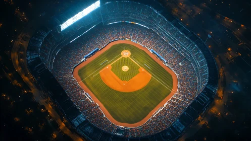 Nighttime aerial view of illuminated baseball stadium bowl.