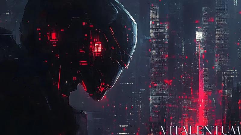 Cybernetic sentinel profile over neon red city grid.