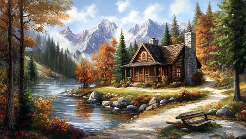 Cozy riverside log cabin nestles beneath towering autumn peaks