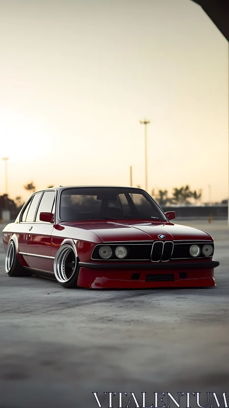 Stanced classic BMW sedan glows under soft sunset sky.