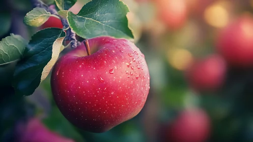 Ripe red apple hangs on branch in softly glowing orchard light
