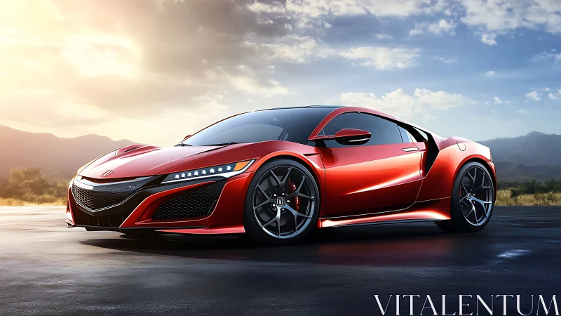 Sunlit scarlet supercar poised on an open mountain road.