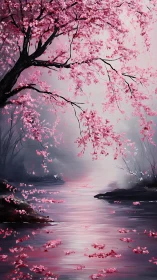 Pink blossom tree over misty river in tranquil landscape.