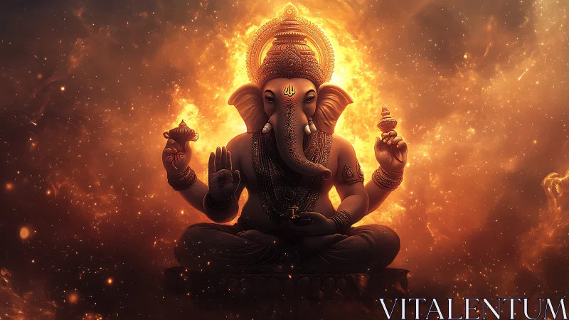 Radiant digital rendering of seated elephant-headed deity in fire halo