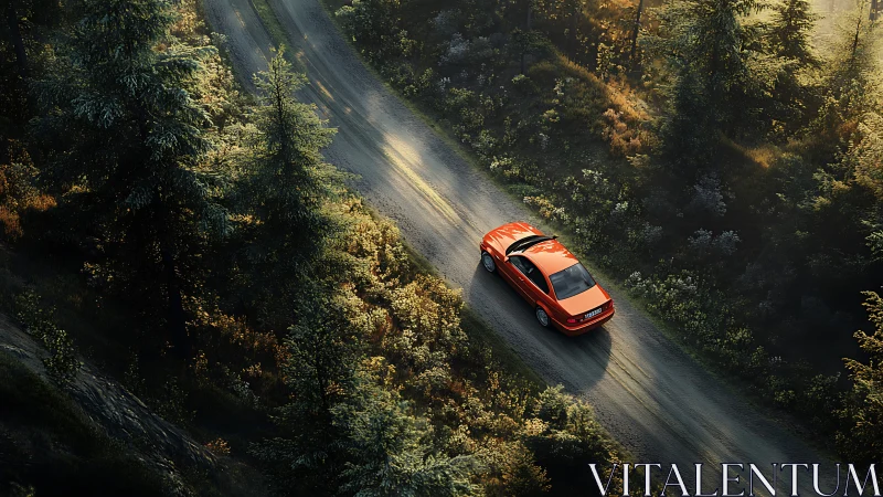 Red sports car glides through sunlit forest road at dawn.
