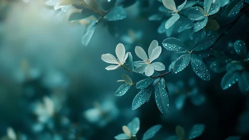 Dewlit teal foliage cradles delicate white blossoms in hush
