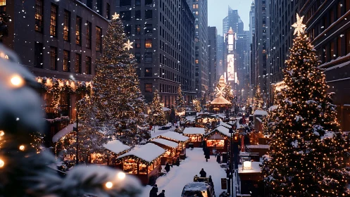 Snow-covered urban street market with illuminated trees.