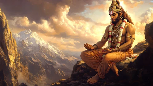 Divine monkey sage meditates over sunlit Himalayan peaks.