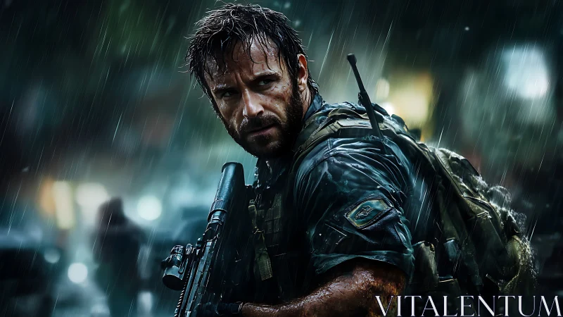 Battle hardened soldier in rain with rifle and backpack.