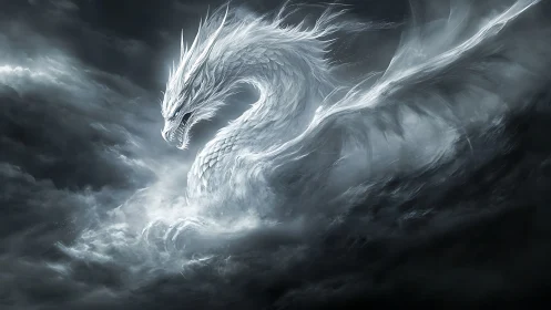 White-scaled dragon form emerges within dense storm clouds