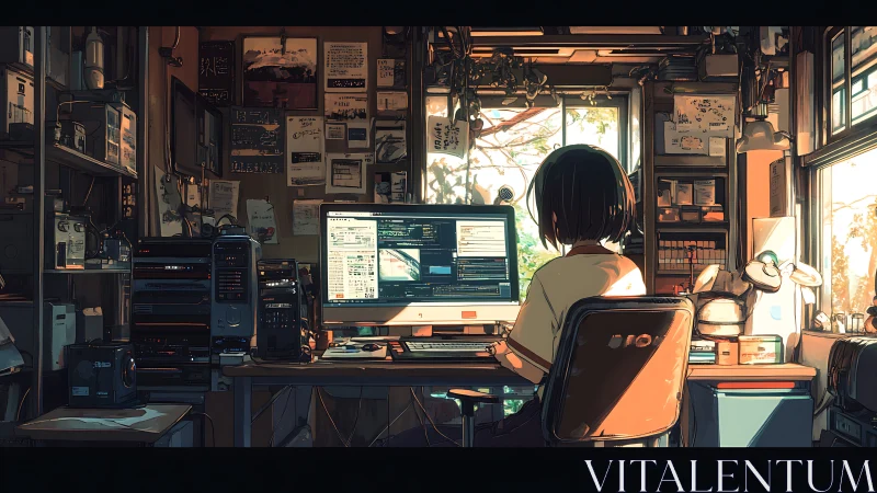 Cozy afternoon coder immersed in a sunlit creative nook.