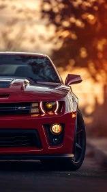 Red muscle car front profile in golden hour bokeh light.
