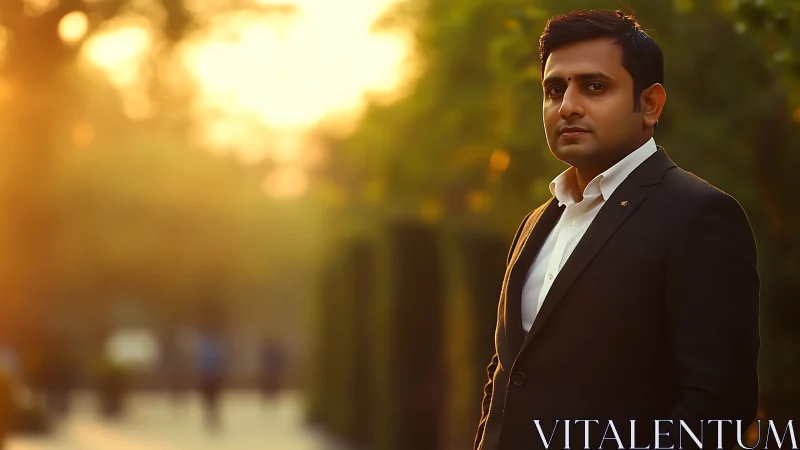 Business professional stands in golden hour city park