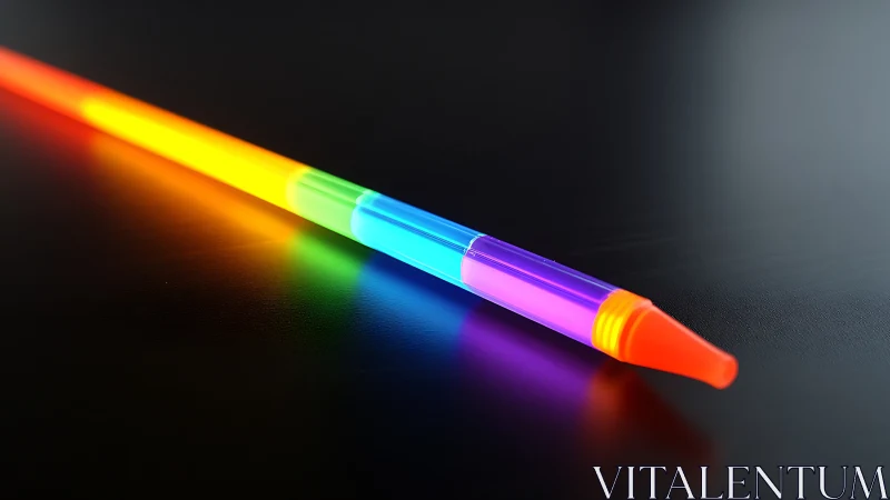 Neon rainbow light pen glows across matte black surface.