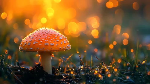 Fly agaric mushroom glows under golden sunset bokeh light.