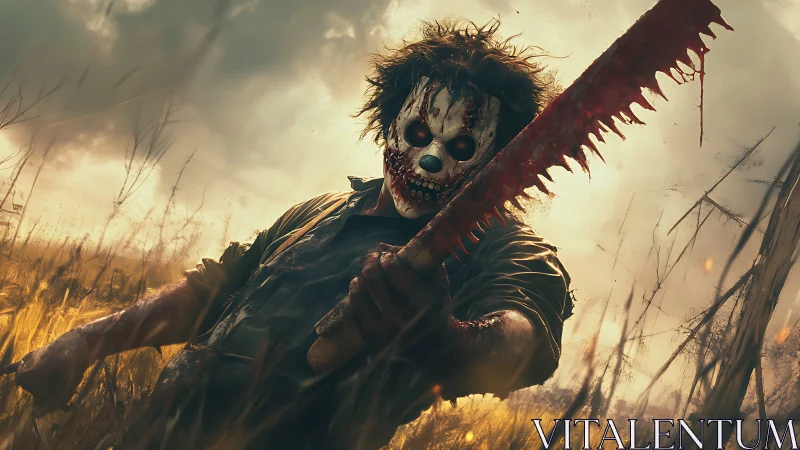 Ferocious masked figure raises a brutal saw in wild field