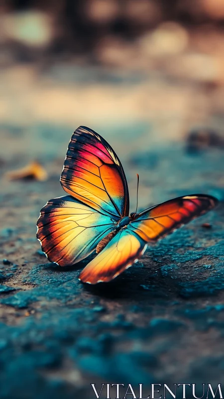 Prismatic street butterfly poised on a dreamlit mosaic path.