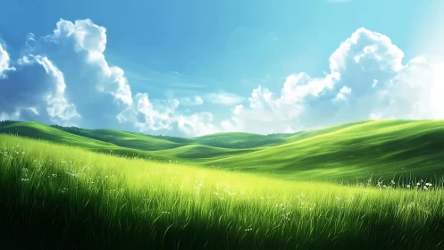 Sunlit grassy hills under cumulus cloud formations panorama.