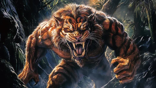 Muscular tiger humanoid roars aggressively in dense jungle