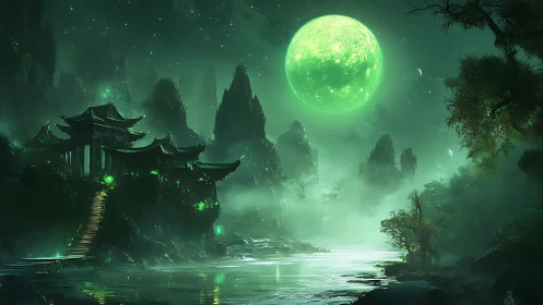 Emerald moonlit pagoda complex overlooks misted karst river