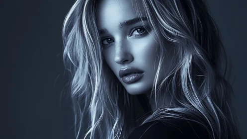 Moody monochrome portrait of woman with flowing hair.