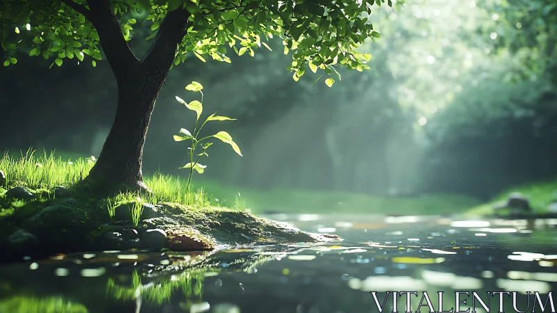Sunlit sapling by tranquil forest stream in springtime.