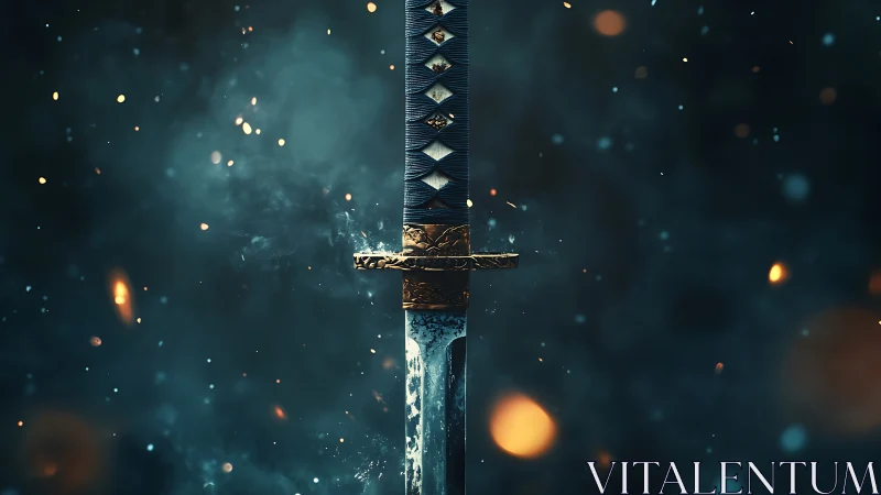 Weathered katana rising through sparks and swirling smoke.