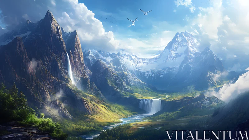 Sunlit alpine valley holds cascading waterfalls under soaring peaks