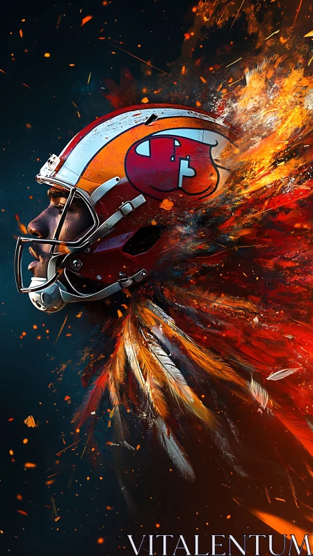 Blazing gridiron spirit bursting from a focused player’s helm.