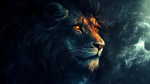 Fiery-eyed lion portrait rendered in high-contrast digital light