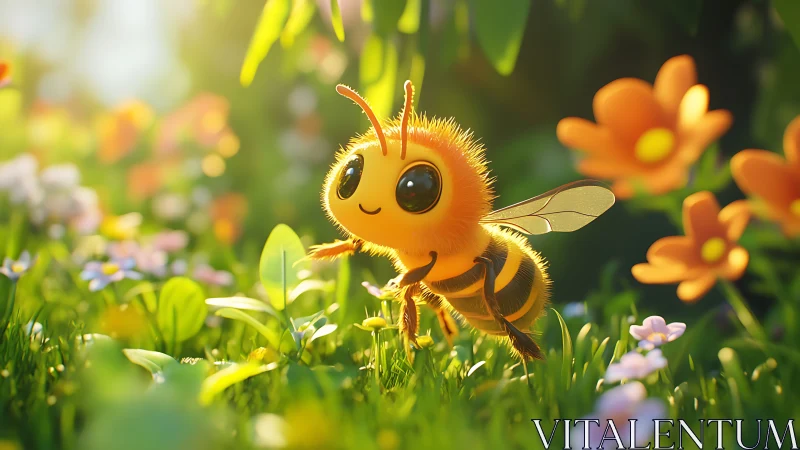 Sunlit garden wanderings of a bright-eyed baby bee.